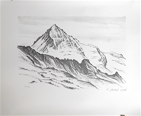 Dent Blanche in den Walliser Alpen. Originallithographie. 40 x 30 cm. Einfarbig.