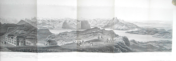 Nouveau Panorama du Mont Righi, dessiné par R. Meyer gravé par L. Weber. Accompagné d’une carte du Lac des IV Cantons et des notices de ce panorama.