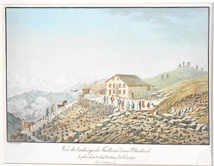 Vue de l’auberge du Faulhorn dans l’Oberland, la plus haute habitation de l’Europe, élevé 8140 pieds. Kolorierte Aquatinta.